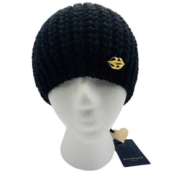 NWT Mondana Italia Women’s Alpaca Blend Knit Beanie Black Luxury Winter Hat OS - Picture 1 of 4